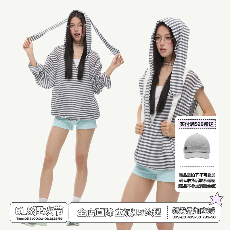 Ezek Rabbit Ear Hooded Long-Sleeve T-Shirt, Spring and Summer Detachable Lightweight Lazy Sun Protection Cover-Up Top Jacket