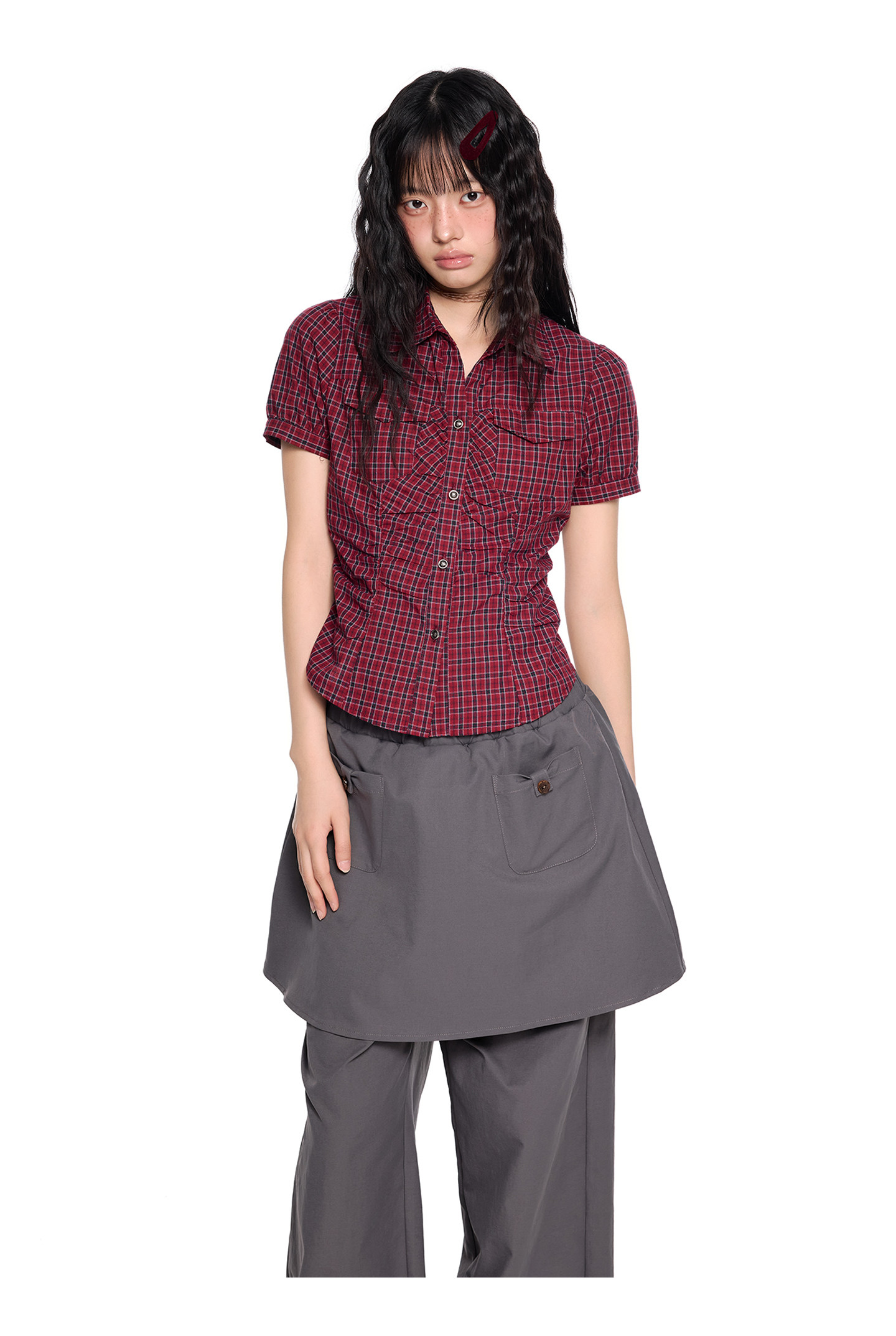 EZEK Checked Puff-Sleeve Cropped Shirt