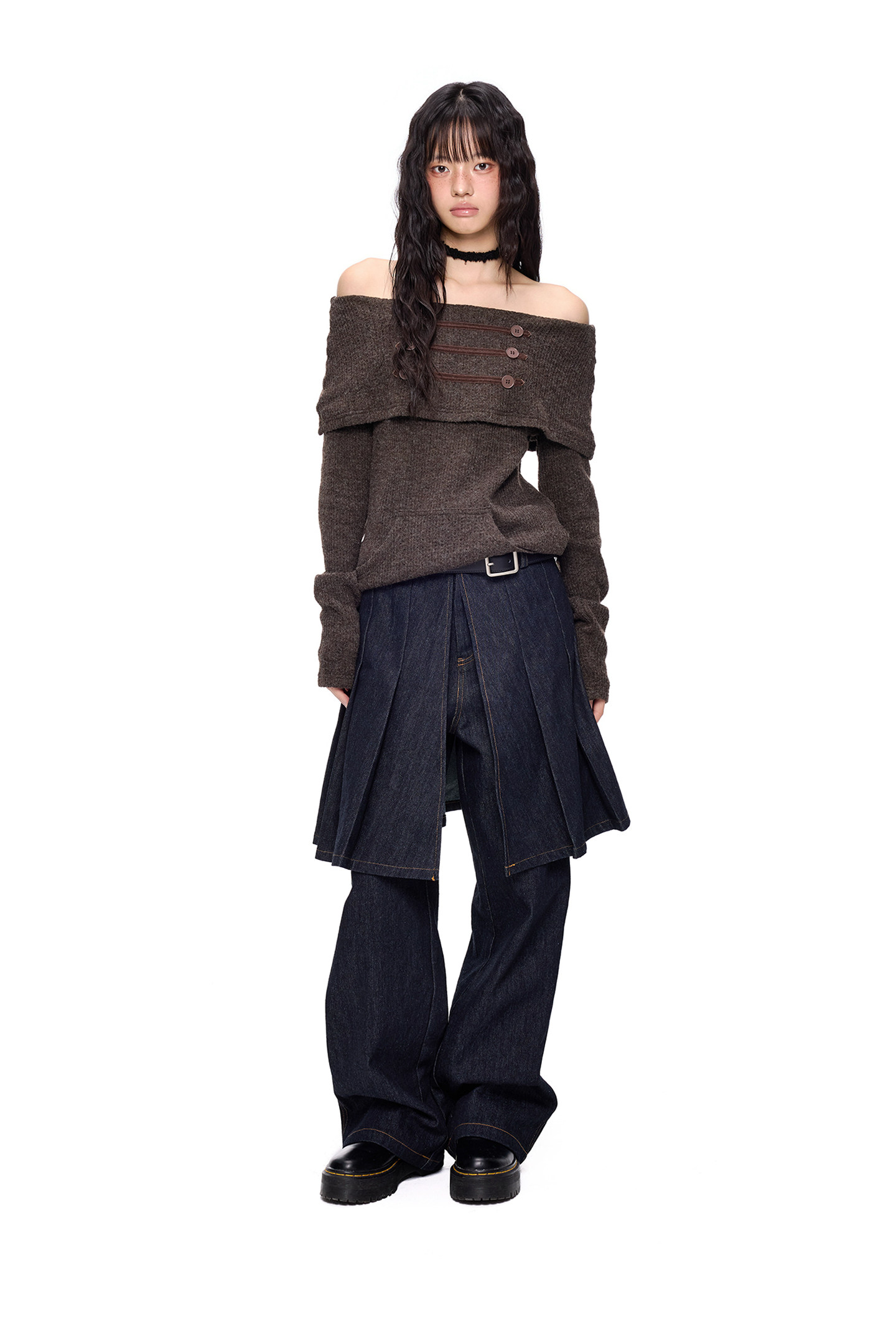 EZEK Off-Shoulder Button Knit Top