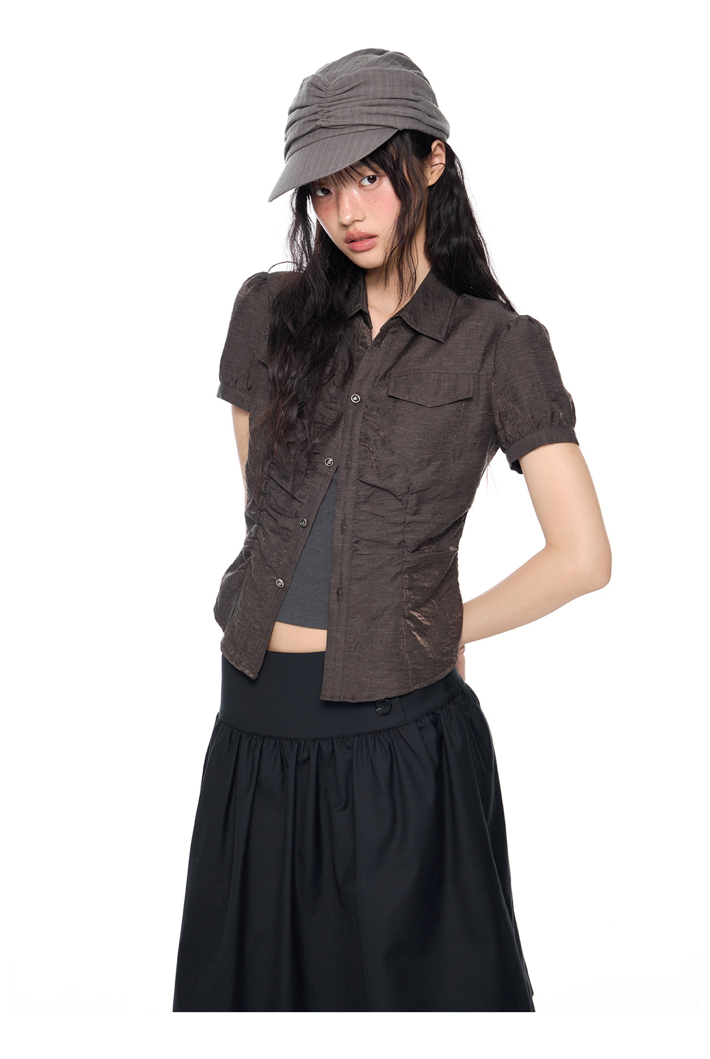 EZEK Checked Puff-Sleeve Cropped Shirt