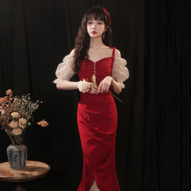 Fishtail toast dress bride slim temperament 2021 new normal can wear thin suspenders red engagement dress