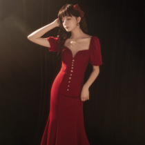 Bride wedding toast dress fish tail slim temperament 2021 new wine red engagement back door dress can usually be worn