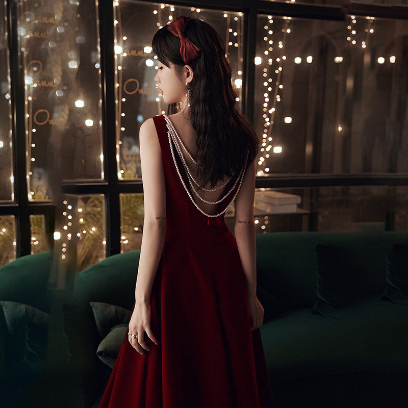 Toast clothing bride 2023 new wine red usually wearable velvet engagement fugitive princess evening dress dress