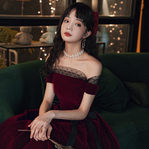 One shoulder velvet toast dress bride wedding 2021 new summer engagement red small evening dress can usually be worn
