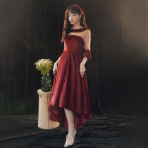 Bride wedding toast dress long-sleeved female 2021 new summer back door engagement red velvet dress banquet temperament