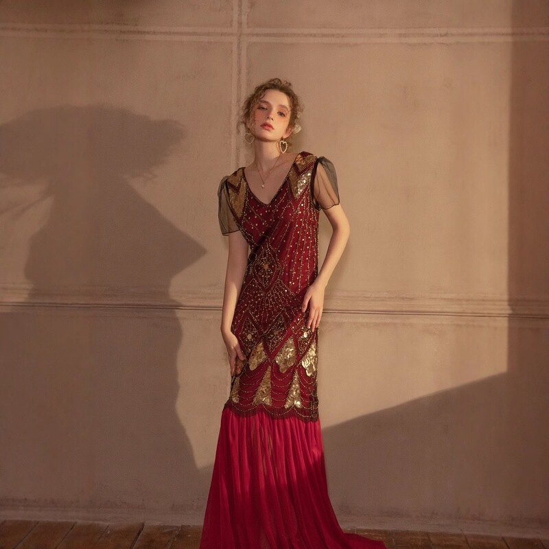 Plus Size Retro Gatsby Hand-Embroidered Beaded Sequin Dress Party Banquet V Neck Short-Sleeved Long Dress Plus Size Retro Gatsby Hand-Embroidered Beaded Sequin Dress Party Banquet V Neck Short-Sleeved Long Dress