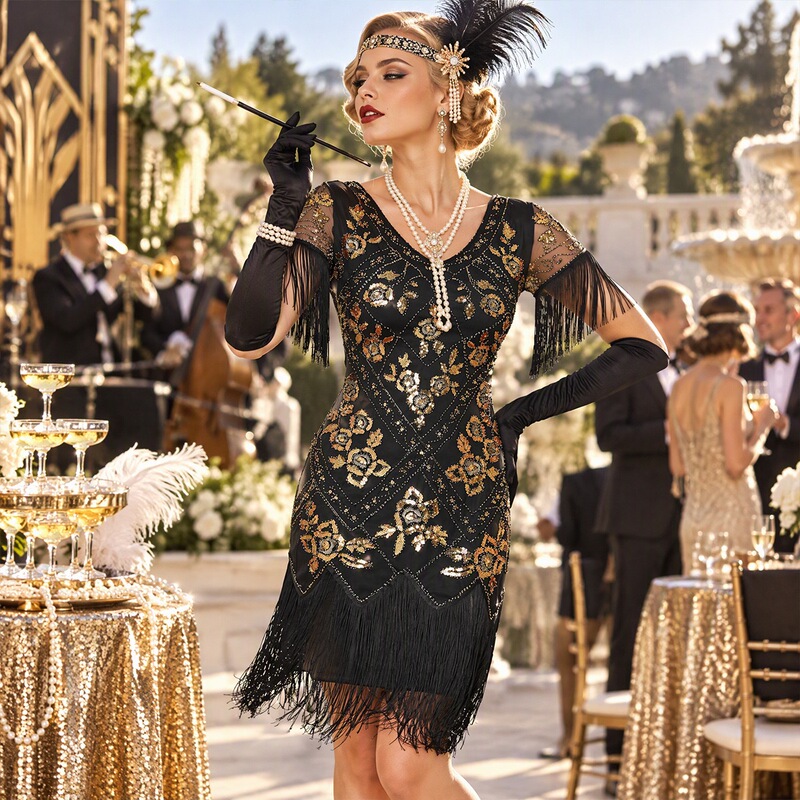 European and American 1920S Gatsby Retro Ball Gown Tassel Dress Party V-Neck Sequin Beaded Short-Sleeve Dress