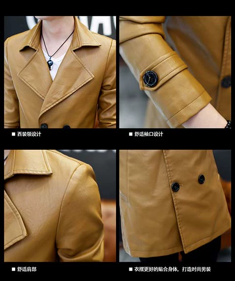 Thợ làm tóc nam bằng da trench coat mùa đông trẻ trung cộng với áo khoác nhung dày nam phiên bản Hàn Quốc