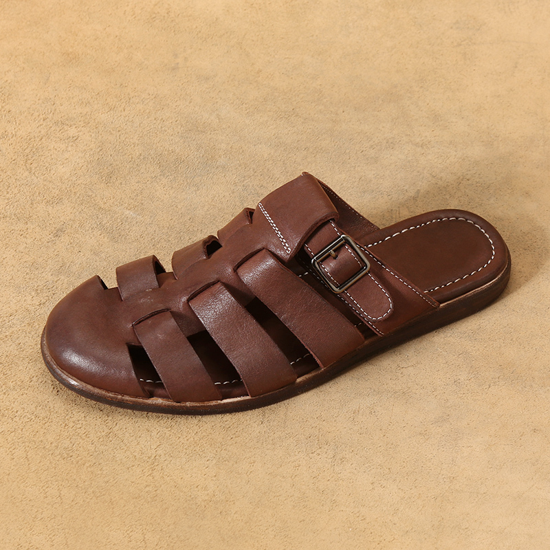 Slip-On Half-Slippers for Men, 2024 Summer New Style, Outdoor Roman Sandals, Retro Woven Pig Cage Shoes, Horse Leather Shoes