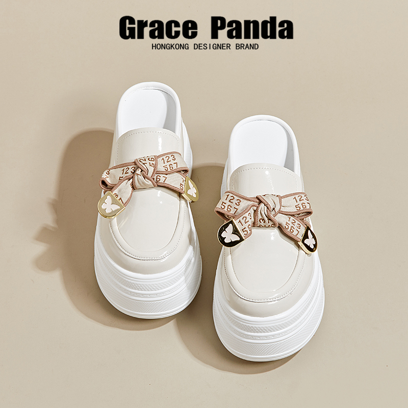 Hong Kong Grapanda2025 New Summer Closed-Toe Slippers Genuine Leather Height-Increasing Backless White Shoes Thick-Soled Half-Slippers for Women