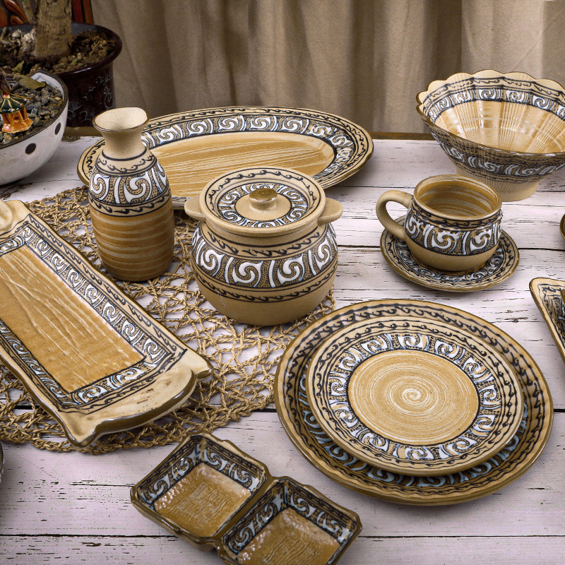 Scandinavian Style Roman Pattern Coffee Cup and Dish Set Household Ceramic Retro Creative Deep Plate Rice Bowl Salad Bowl Fish Plate