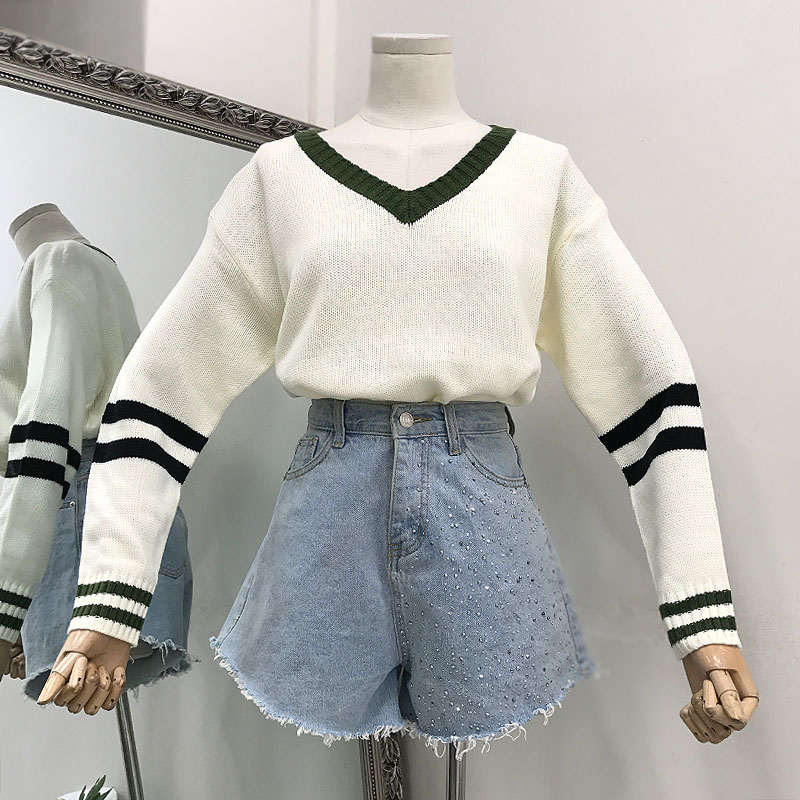 J 22 thu đông 2018V cổ áo sọc dài tay thời trang rộng rãi đan áo len nữ hoang dã cardigan len