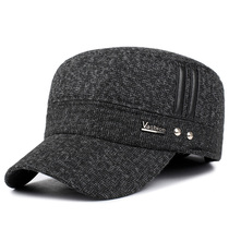 Hat Mens winter woolen flat top hat outdoor baseball cap thickened cold and warm ear protection for middle-aged and elderly cap