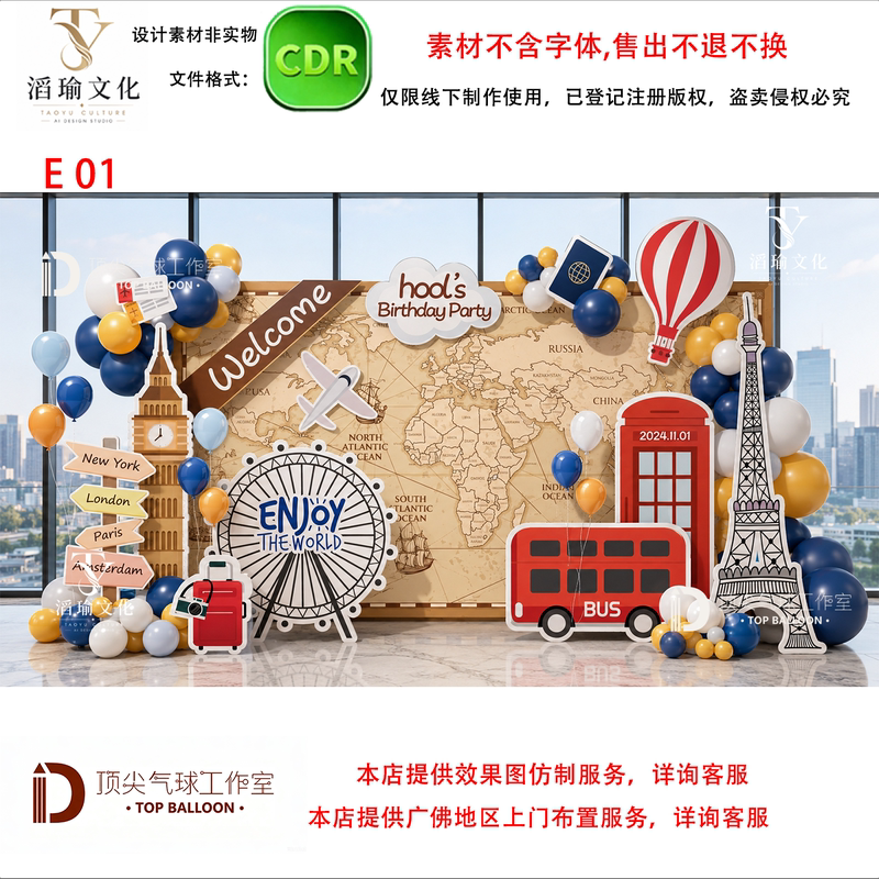 E01 British Style Global Travel Birthday Party Background Design Material
