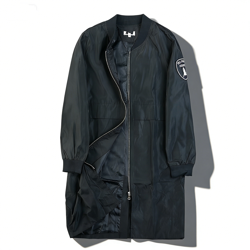 Trendy Black Mid-Length Baseball Collar Trench Coat for Men and Women L86313 Loose Bomber Jacket Over-The-Knee Coat Trendy Black Mid-Length Baseball Collar Trench Coat for Men and Women L86313 Loose Bomber Jacket Over-The-Knee Coat
