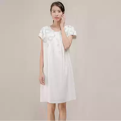 Counter 2280 yuan Hanp Hanp Hanp family dress short sleeve medium long version embroidered mulberry silk linen skirt 23239