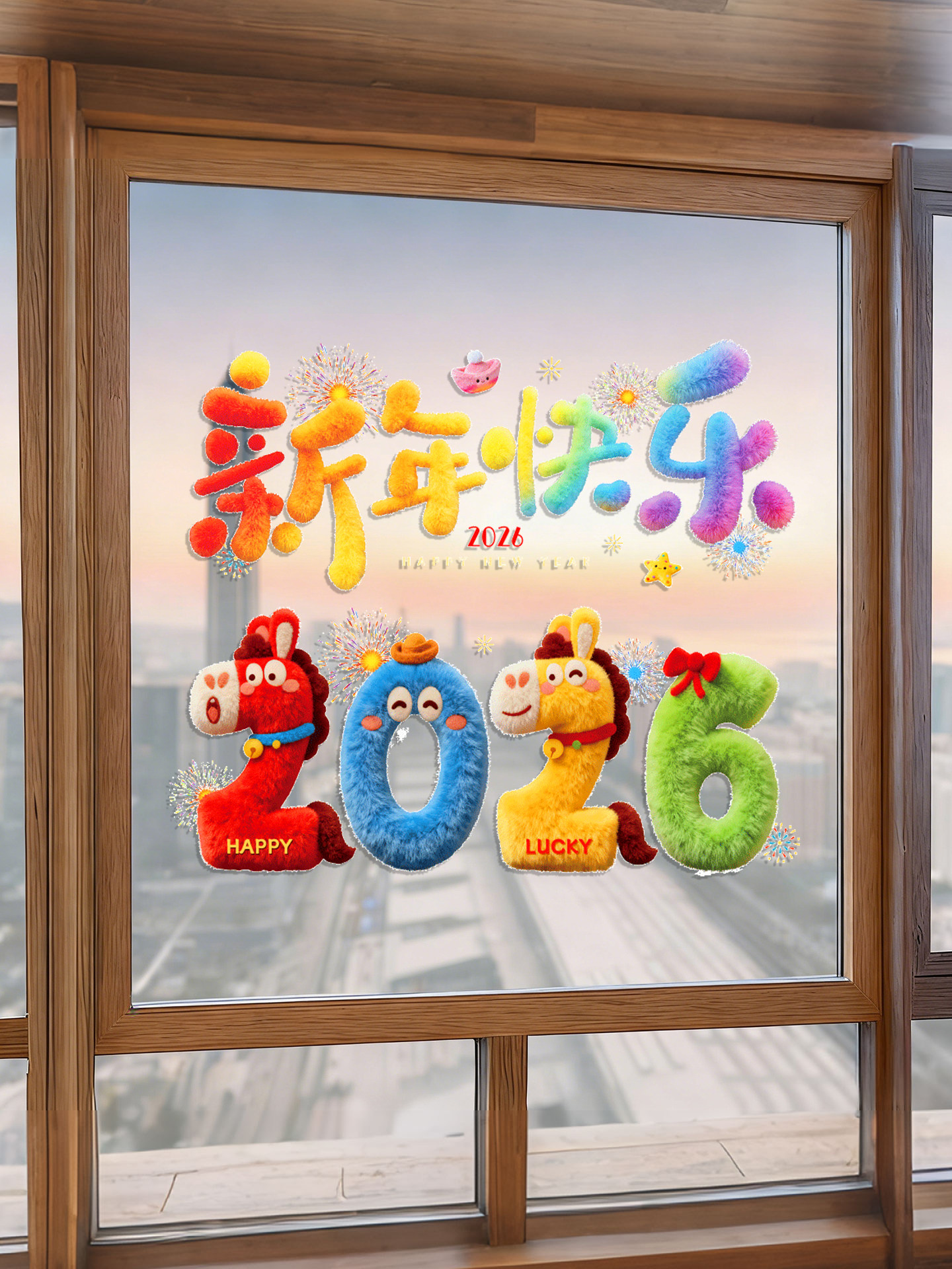 2026 Year of the Horse Happy New Year Cartoon Stickers Plush Windshield Window Decorations Festive Spring Festival New Year Decoration Static Stickers