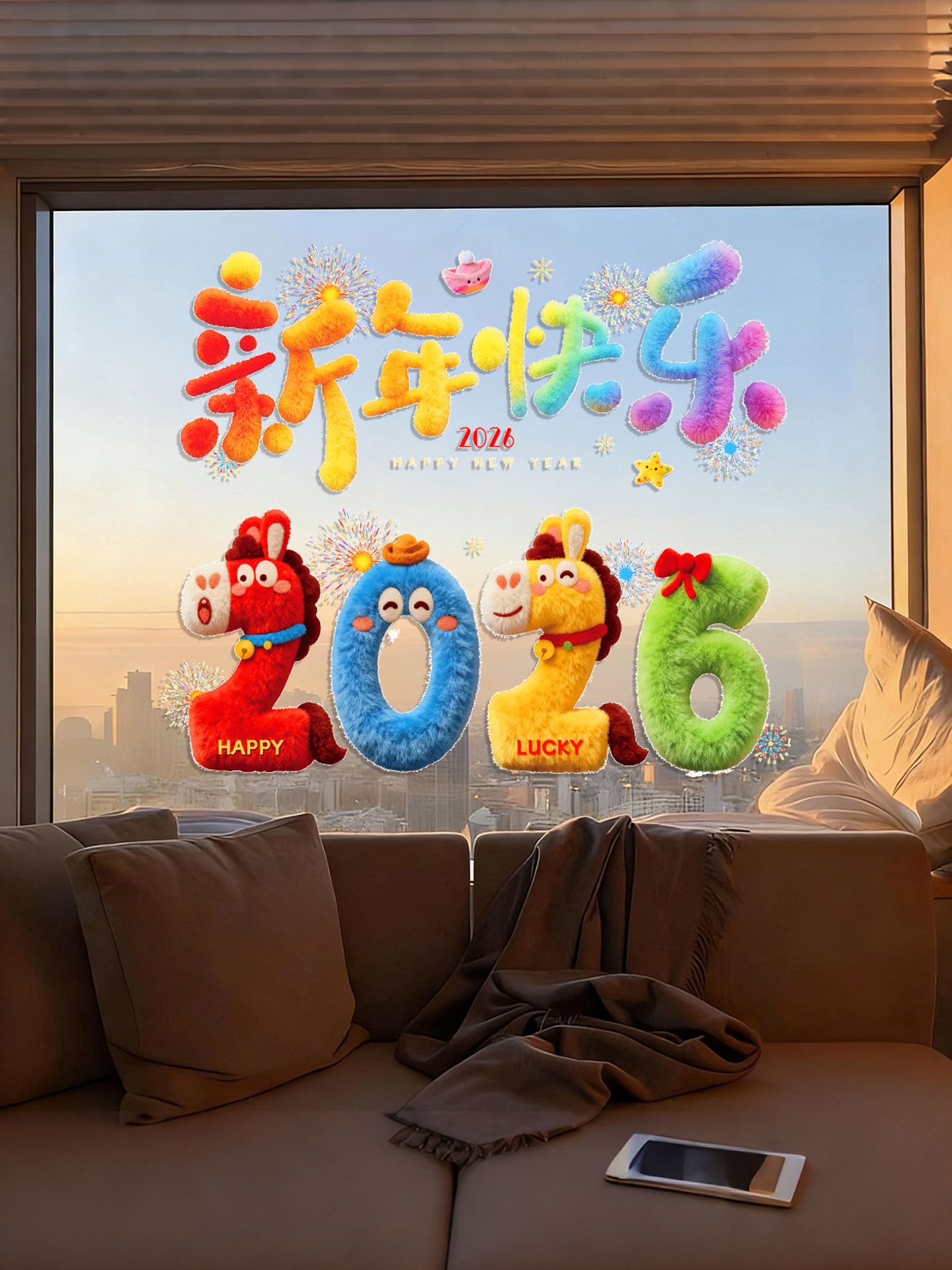2026 Year of the Horse Happy New Year Cartoon Stickers Plush Windshield Window Decorations Festive Spring Festival New Year Decoration Static Stickers