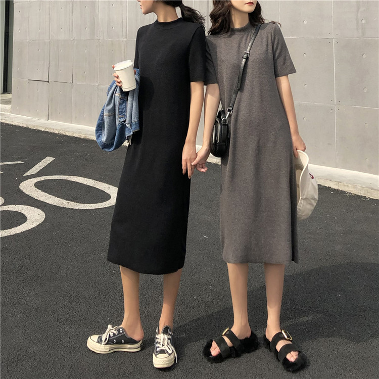 VK旗艦店 韓系時髦圓領寬鬆長裙短袖洋裝
