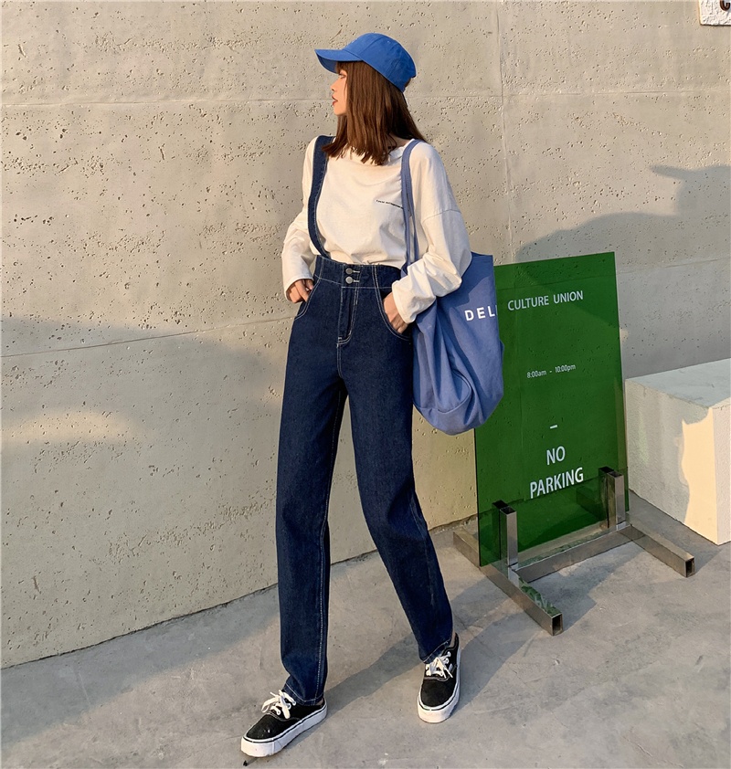 實拍2021春季新款牛仔背帶褲女時尚高腰寬鬆顯瘦哈倫褲子