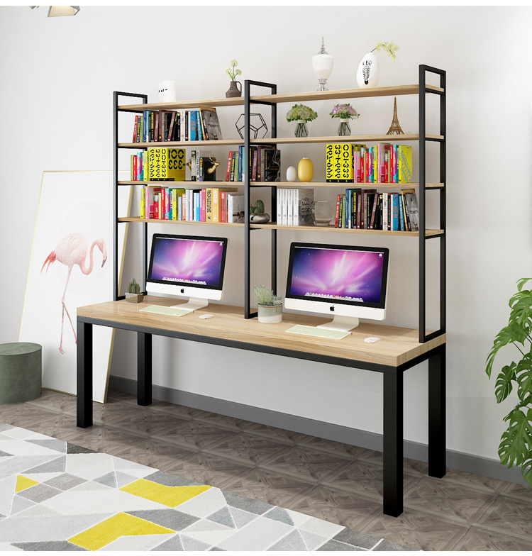 Simple modern solid wood desk bookshelf combination bedroom office custom nail-free home wrought iron double desktop computer