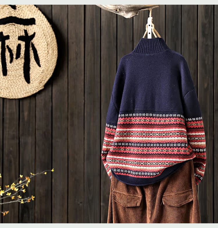 Indigo vintage phong cách dân tộc nửa cổ cao chạm đáy áo len áo len nữ mùa thu lỏng và mùa đông mới áo len sợi len áo thu đông nữ