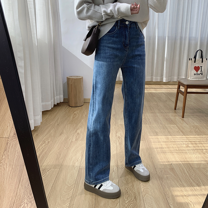 2026 Autumn and Winter Fleece-Lined Summer Thin Four-Way Stretch High-Waisted Slimming Narrow Fit Women's Petite Loose Straight-Leg Extended Jeans
