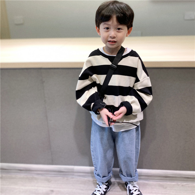 Children's mother custom defect special offer boys and children cotton Korean loose sweater baby striped pullover top autumn clothing