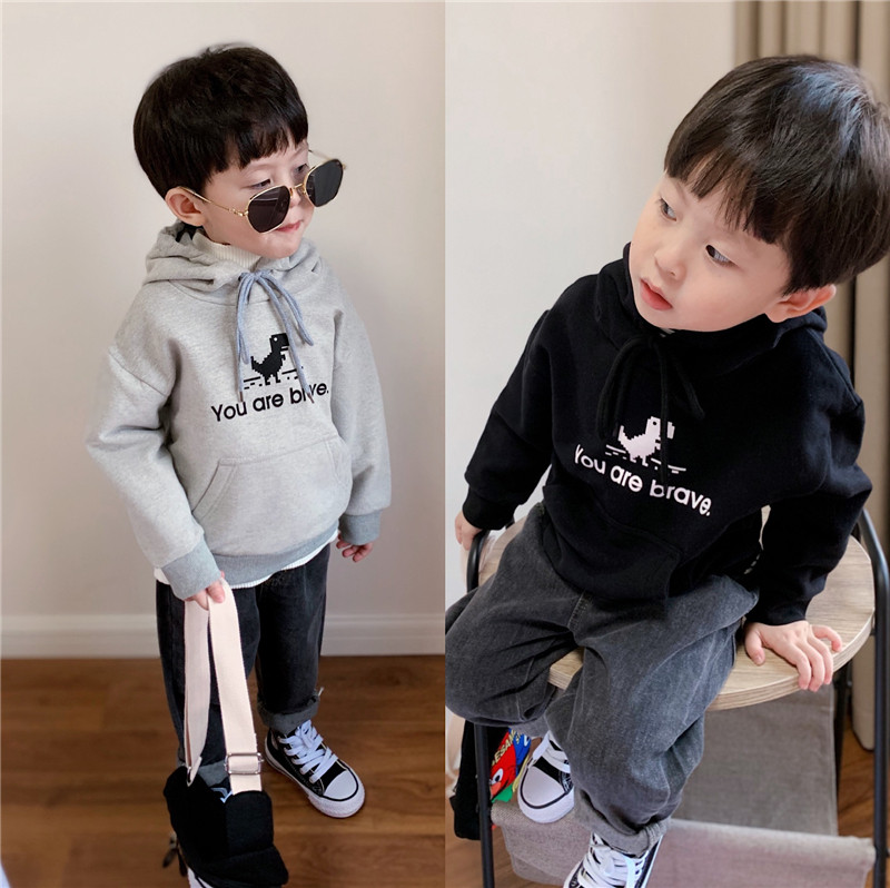 Children's mother boy girl gush with cap sports shirt children pure cotton dinosaur vetsuit baby loose blouse autumn and winter clothing