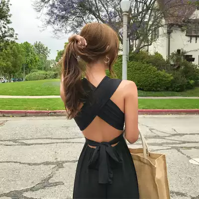 20 Korean black cross strap backless Bali long skirt waist slim holiday casual big swing dress dress