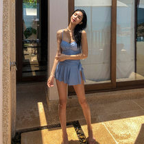 South Koreas new blue student swimsuit small breasted with steel toed slim pure dress one-piece swimsuit small frescoed woman