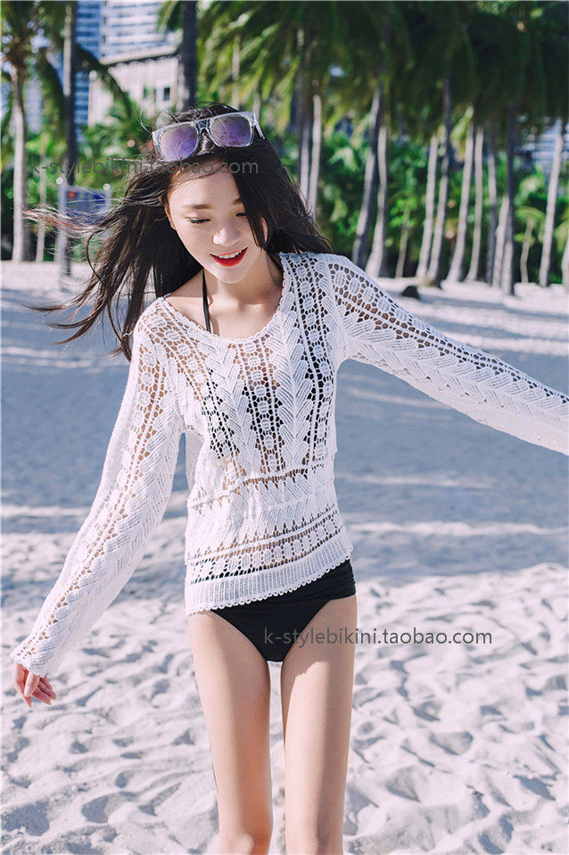 White Hollowed-out Lace Hood Shirt Bikini Jacket Short blouse Beach Resort Swimsuit Long Sleeve Sunscreen Outside