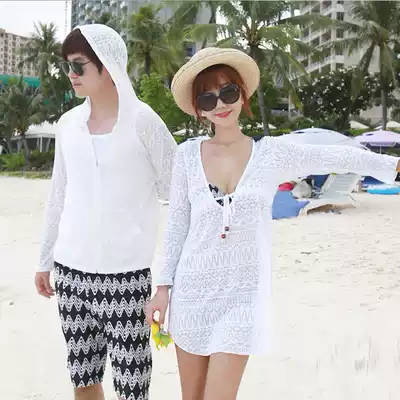 New couple sunscreen shirt white hat zipper shirt one-piece skirt long-sleeved jacket beach swimsuit blouse women