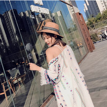 New cotton print long shirt beach cardigan swimsuit long coat bikini blouse sunscreen coat tassel outside