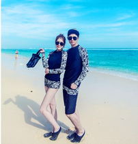 South Korea new couple striped print long sleeve sunscreen surf diving suit boxer split Conservative belly swimsuit