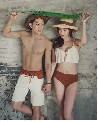 Korean couple bikini small breasts gather steel support bikini men's beach pants barbed high waist hot spring swimsuit women