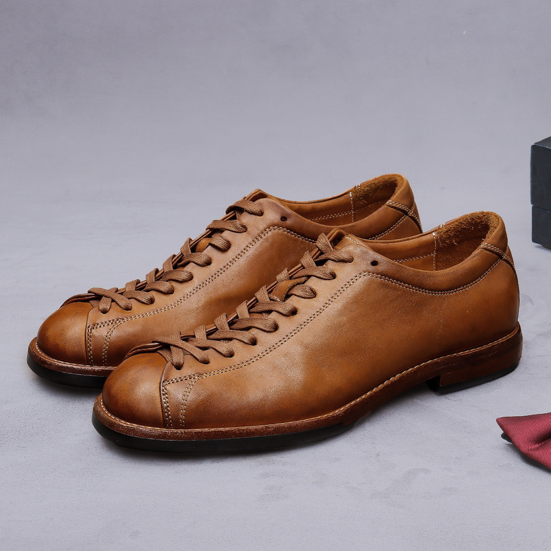 Short-Cut Leather Shoes, Horsehide, Goodyear Retro Boxing Shoes, Japanese-Style Long Lace-Up Men's Shoes, Genuine Leather Work Shoes for Men