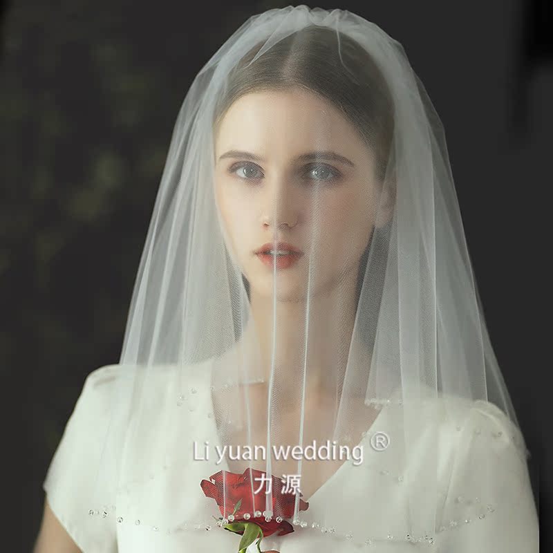 2021 Summer new Korean bridal head yarn Short double sensual minimalist with hand sewn beads wedding mesh yarn headwear