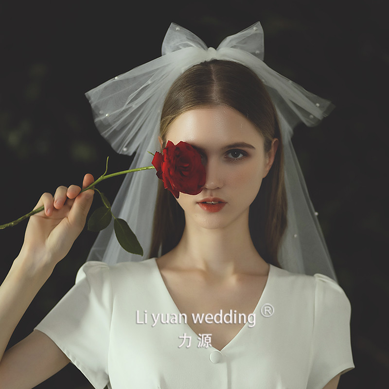 Wedding bridal head yarn Han style Short-style double adorable butterfly knot Nail Pearl Brigade Pat on the selfie Wedding Dress head yarn