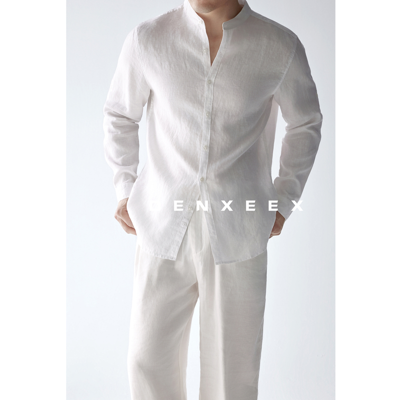 [100% Linen] Italian-Style Small Stand-Up Collar Long-Sleeve Shirt, Casual Business Solid Color Breathable Commuter Shirt for Men, Spring and Summer
