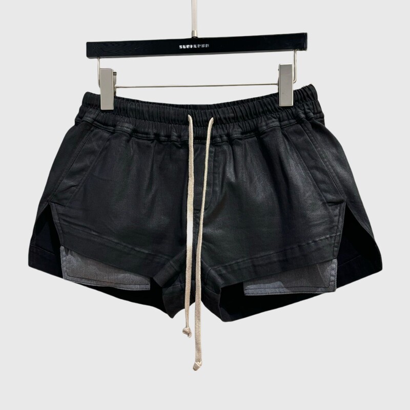 Ro Dark Style Main Line Black Shorts Elastic Waist Drawstring Slimming Black Waxed Boxing Shorts for Women Ro Dark Style Main Line Black Shorts Elastic Waist Drawstring Slimming Black Waxed Boxing Shorts for Women