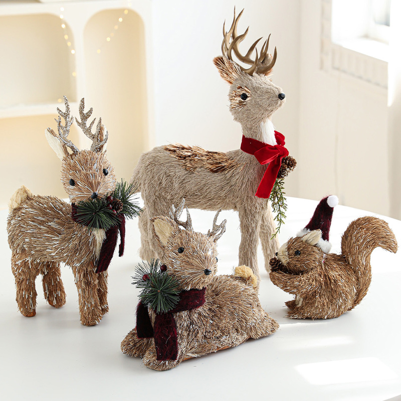 Christmas Decorations Tabletop Ornaments 2025 New Christmas Artificial Straw Animal Christmas Deer Squirrel Ornaments