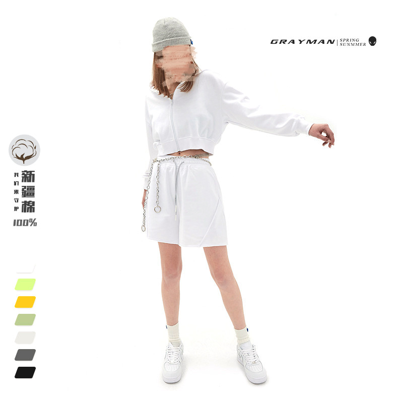 2021 spring and summer new fashion brand light sports short solid color loose hooded sweatshirt female sense cardigan shorts custom