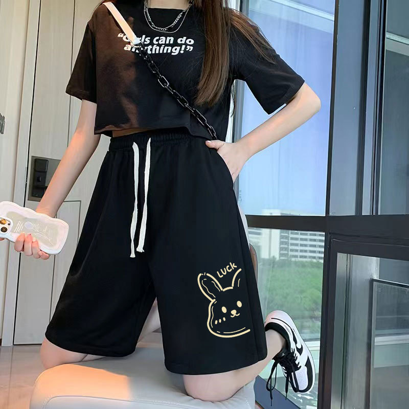 Hip-Hop American Style High-Waisted Sports Shorts for Women, Summer Black Trendy Brand Elastic Waist Loose Casual Plus Size Five-Point Shorts