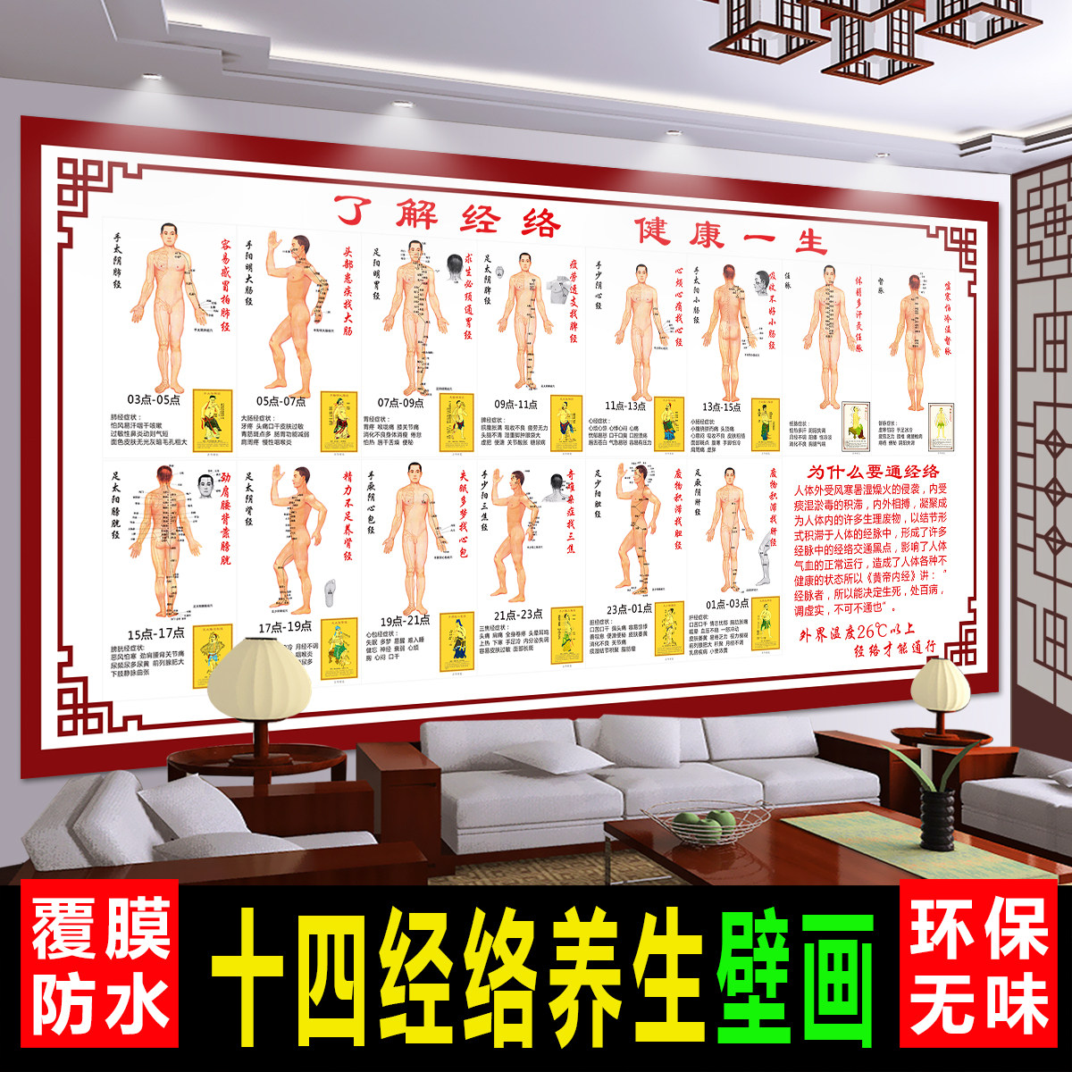 Illustration of the twelve meridian acupuncture points of the human body Ren Dou Er pulse fourteen acupuncture points wallchart chinese medicine health care decorative painting poster