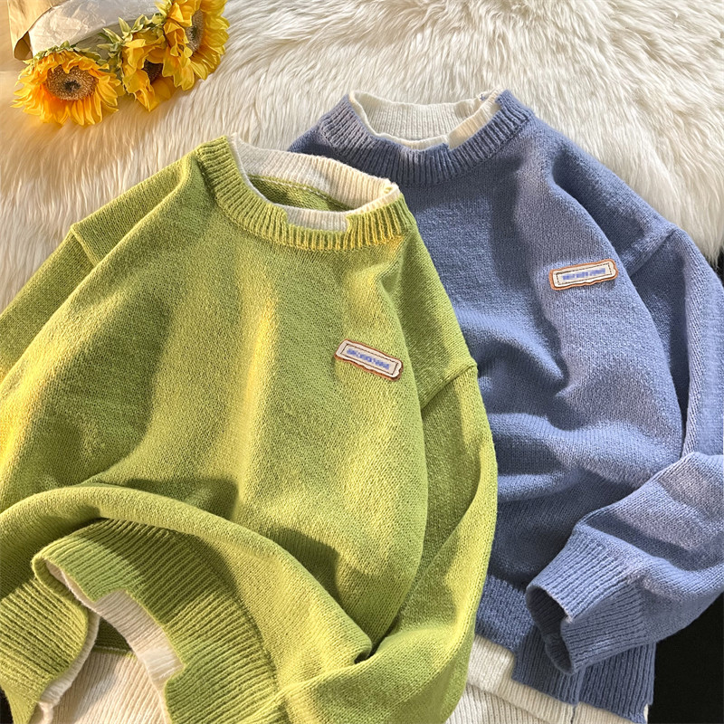 Демисезонный мужской комплект с круглым воротником, трикотажный свитер, универсальная трикотажная рубашка, увеличенная толщина                    