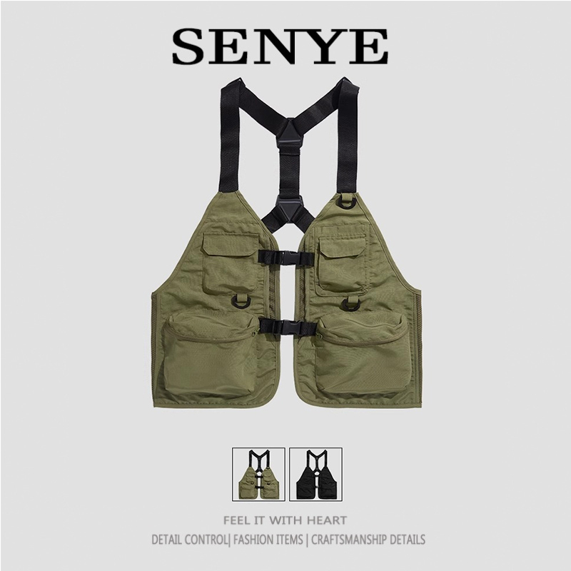 Niche Workwear Webbing Buckle Multi-Pocket Collarless Tactical Functional Style Vest for Men, Dark Trendy Brand Sleeveless Vest