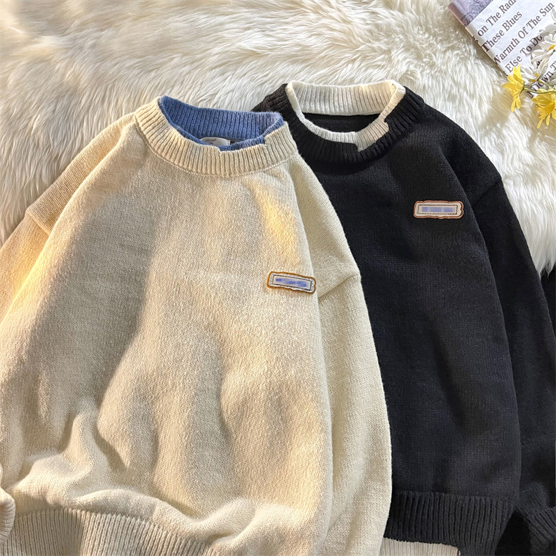 Демисезонный мужской комплект с круглым воротником, трикотажный свитер, универсальная трикотажная рубашка, увеличенная толщина                    