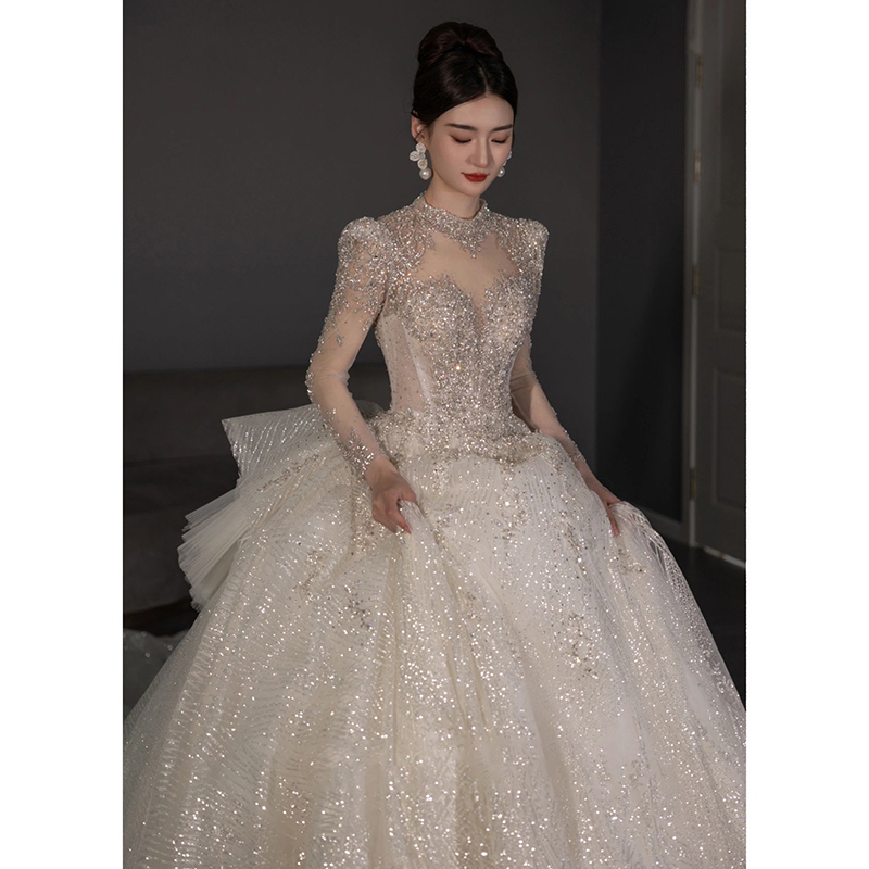 Fan-style white wedding gown 2023 new brides luxurious rework trailing the fugitive princess winter high-end main yarn-Taobao