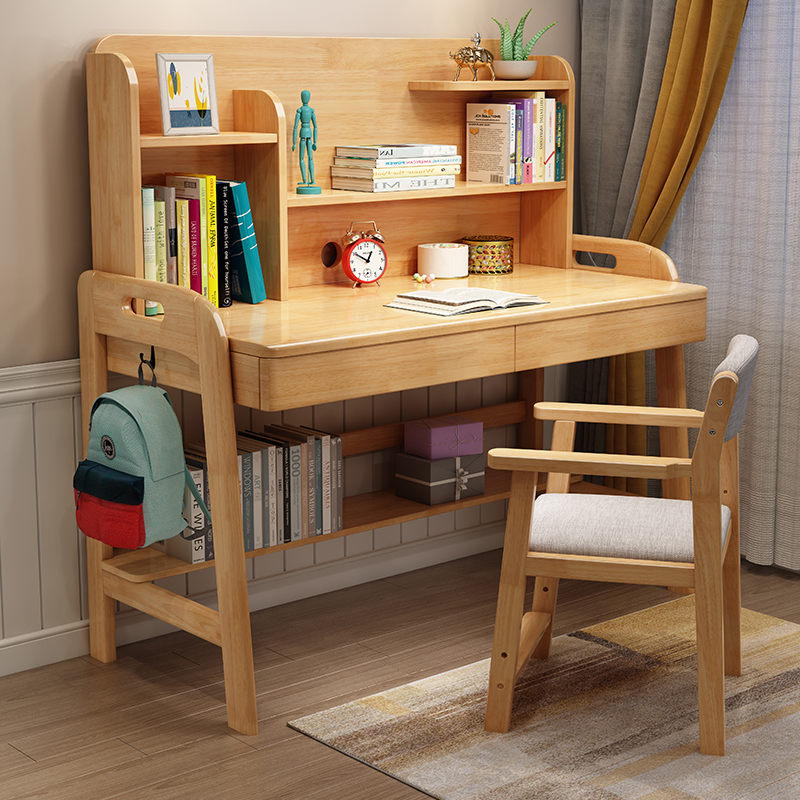 Children's solid wood desk bookshelf integrated table girl bedroom male study table small family type lifting desk combination